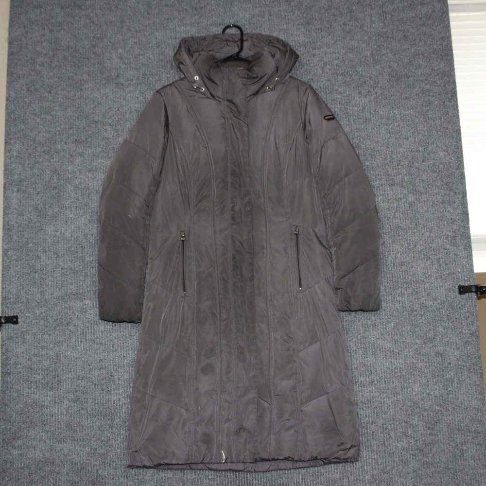 Calvin Klein Puffer Coat Womens S Gray Hooded Winter Jacket Outerwear Goose Down